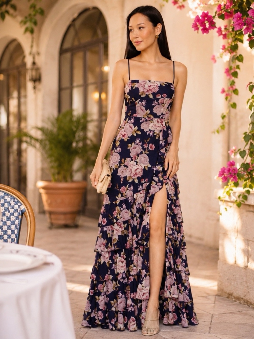Floral Navy Maxi Dress with Slit